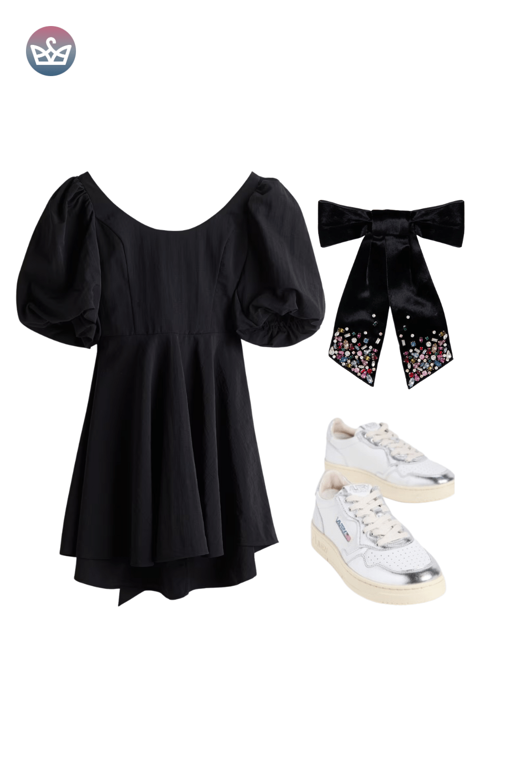 Black puff-sleeve mini dress styled with a large black bow hair accessory and white patterned platform sneakers.