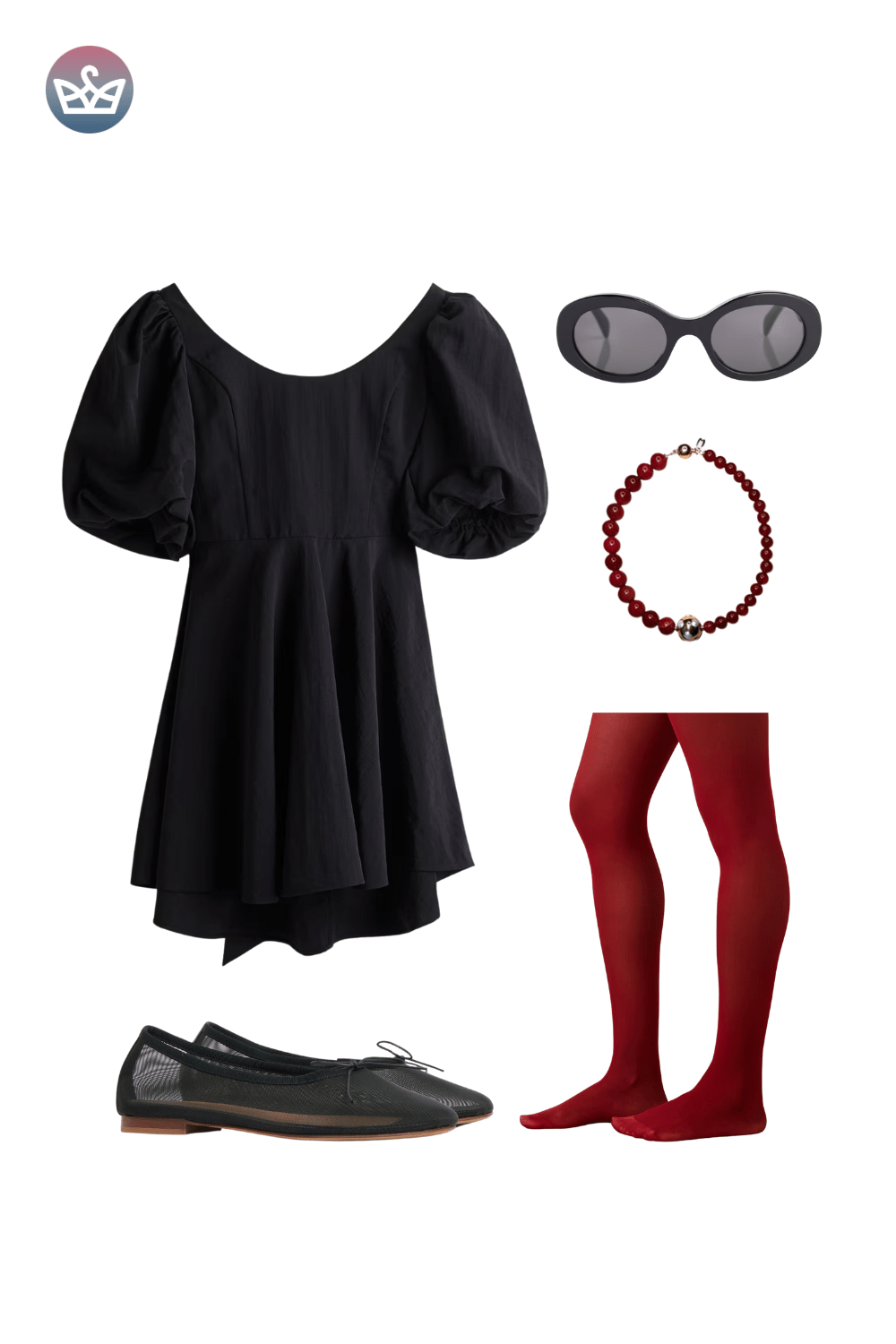 Black puff-sleeve mini dress styled with red tights, black flats, a red beaded bracelet, and round sunglasses.