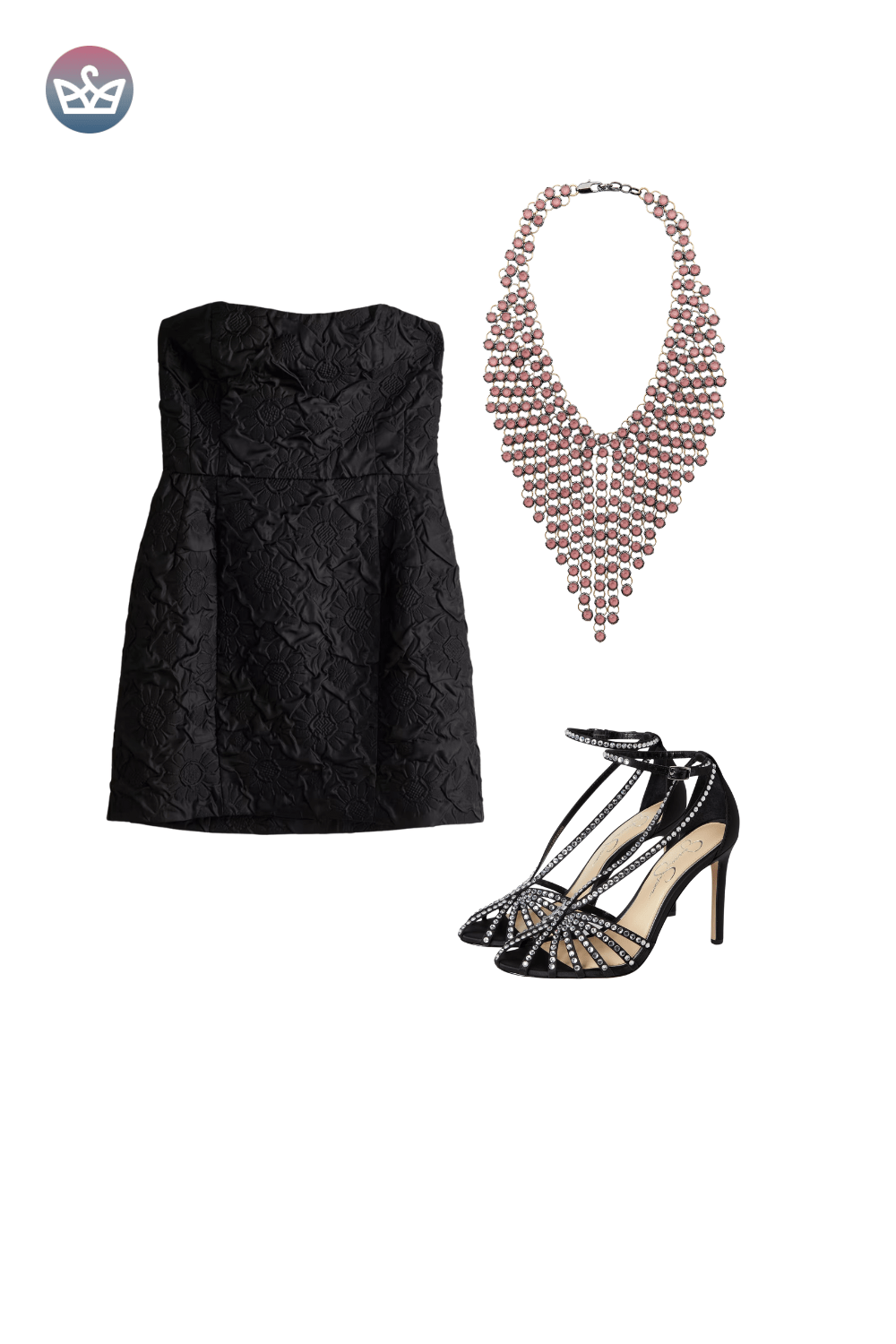 Black strapless mini dress with lace trim, styled with a chunky silver statement necklace and black studded high-heel sandals.