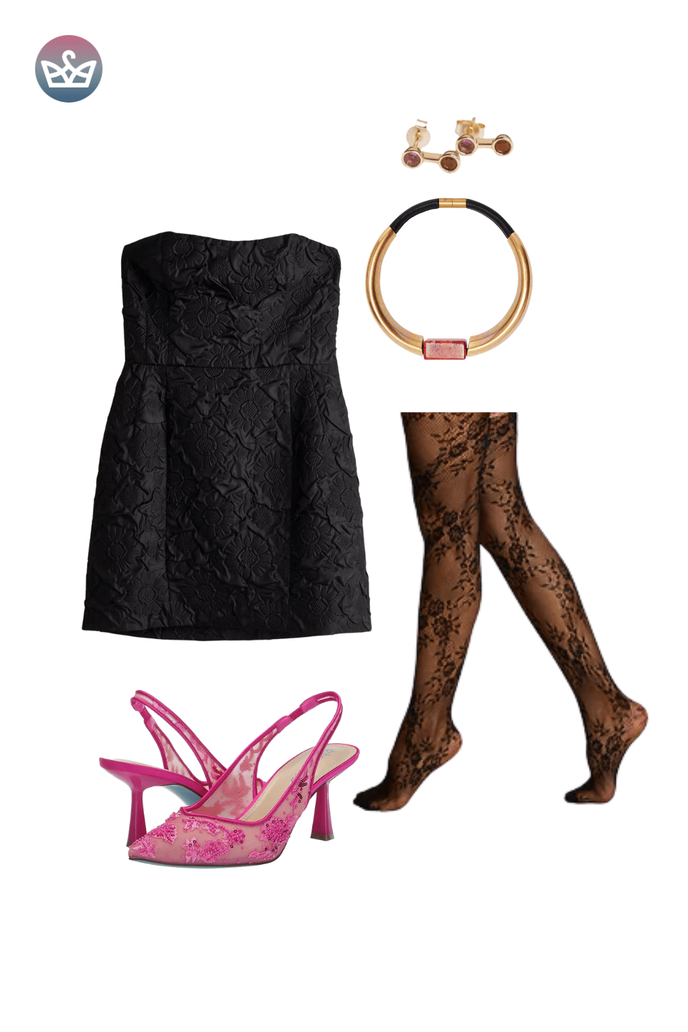Black strapless mini dress with lace trim, styled with sheer patterned tights, a pink mini bag, and a thick gold choker.
