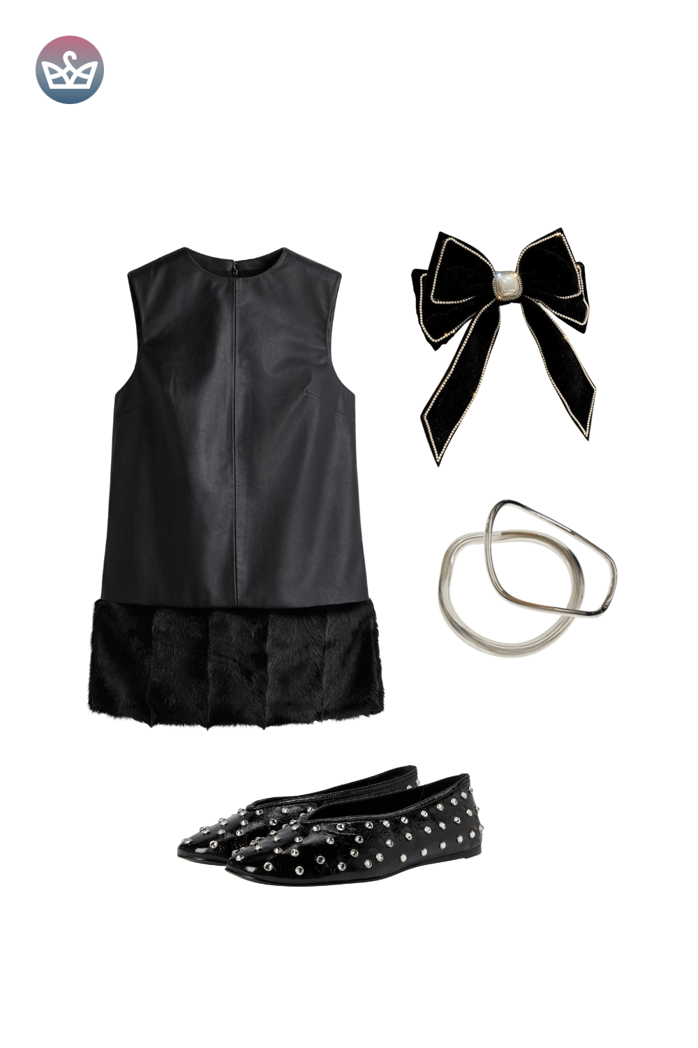 Black sleeveless mini dress with lace trim, styled with a large black bow hair accessory, silver hoop earrings, and black patterned flats.