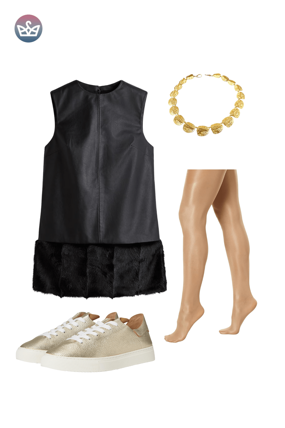 Black sleeveless mini dress with lace trim, styled with a gold pendant necklace, sheer beige tights, and gold metallic sneakers.