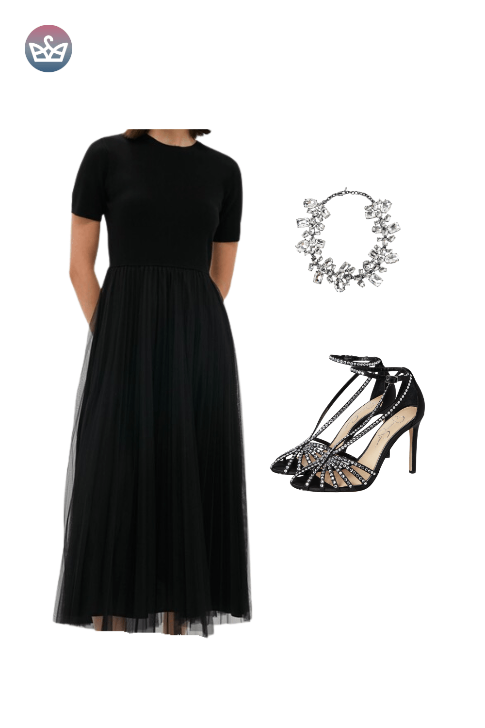 Black short-sleeve maxi dress with side slit, styled with a silver hoop necklace and bracelets, and black studded high-heel sandals.