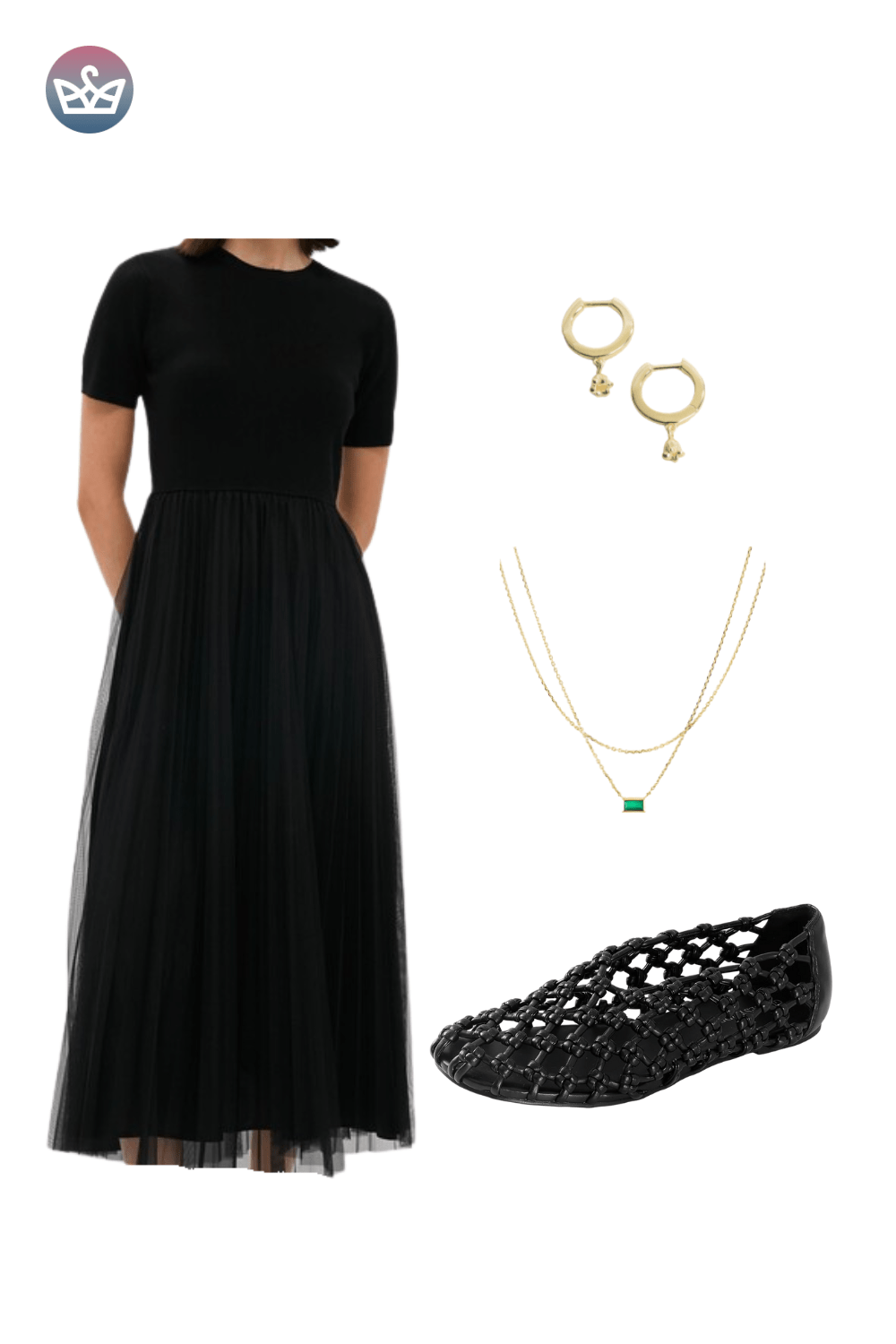 Black short-sleeve maxi dress with side slit, styled with delicate gold layered necklaces and black laser-cut flats.