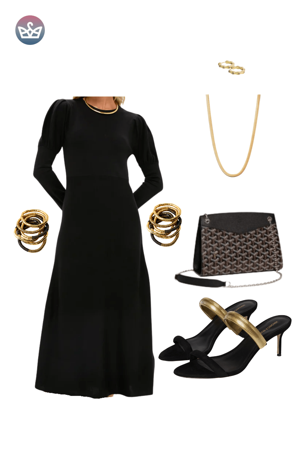 Black long-sleeve maxi dress with side slit, styled with a gold necklace, black and brown patterned heels, and a matching patterned clutch.