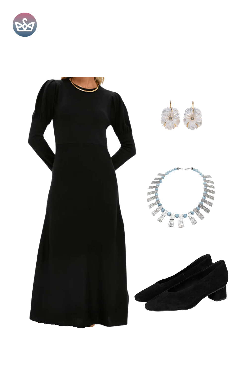 Black long-sleeve maxi dress with side slit, styled with a silver necklace, simple silver earrings, and black loafers.