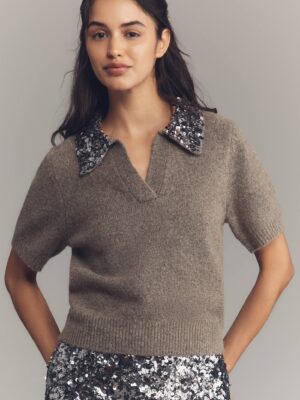 Endless Rose Short-Sleeve Sequin-Collar Sweater