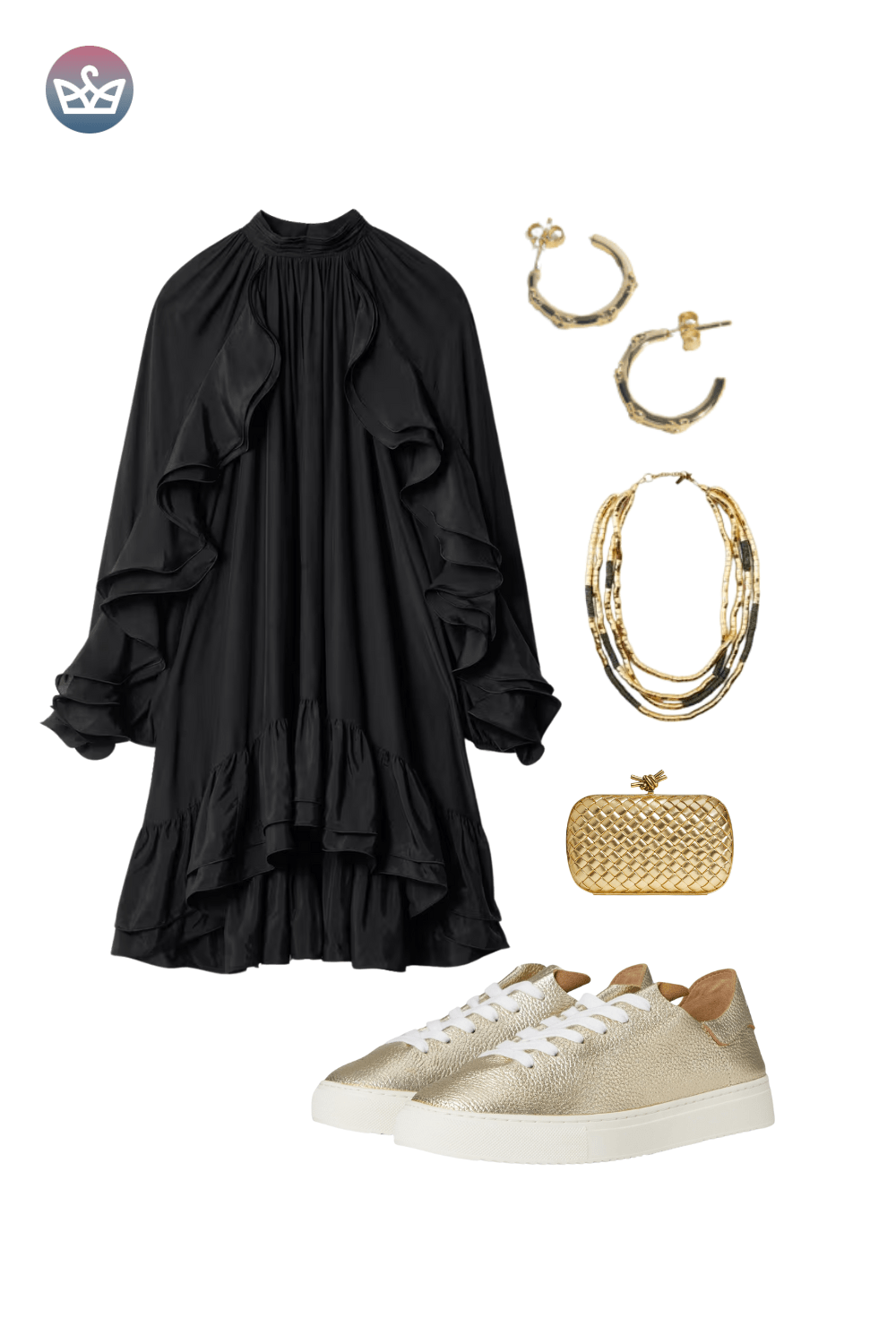 Black long-sleeve tiered midi dress, styled with layered gold necklaces, gold earrings, and metallic gold sneakers.