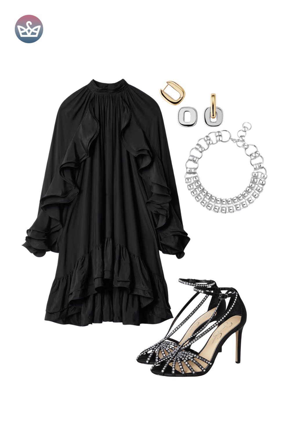 Black long-sleeve tiered midi dress, styled with a chunky silver necklace, silver bracelets, and black studded high heels.