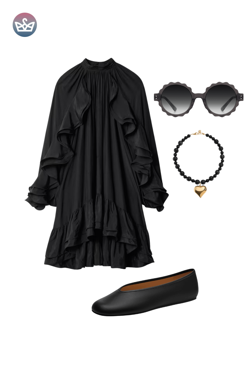 Black long-sleeve tiered midi dress, styled with a black choker, simple black flats, and aviator sunglasses.