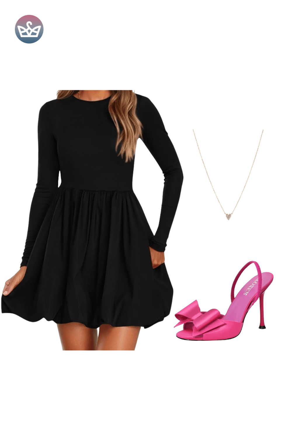 Black long-sleeve mini dress with flounce skirt, styled with delicate gold chain necklace, gold earrings, and hot pink high heels.