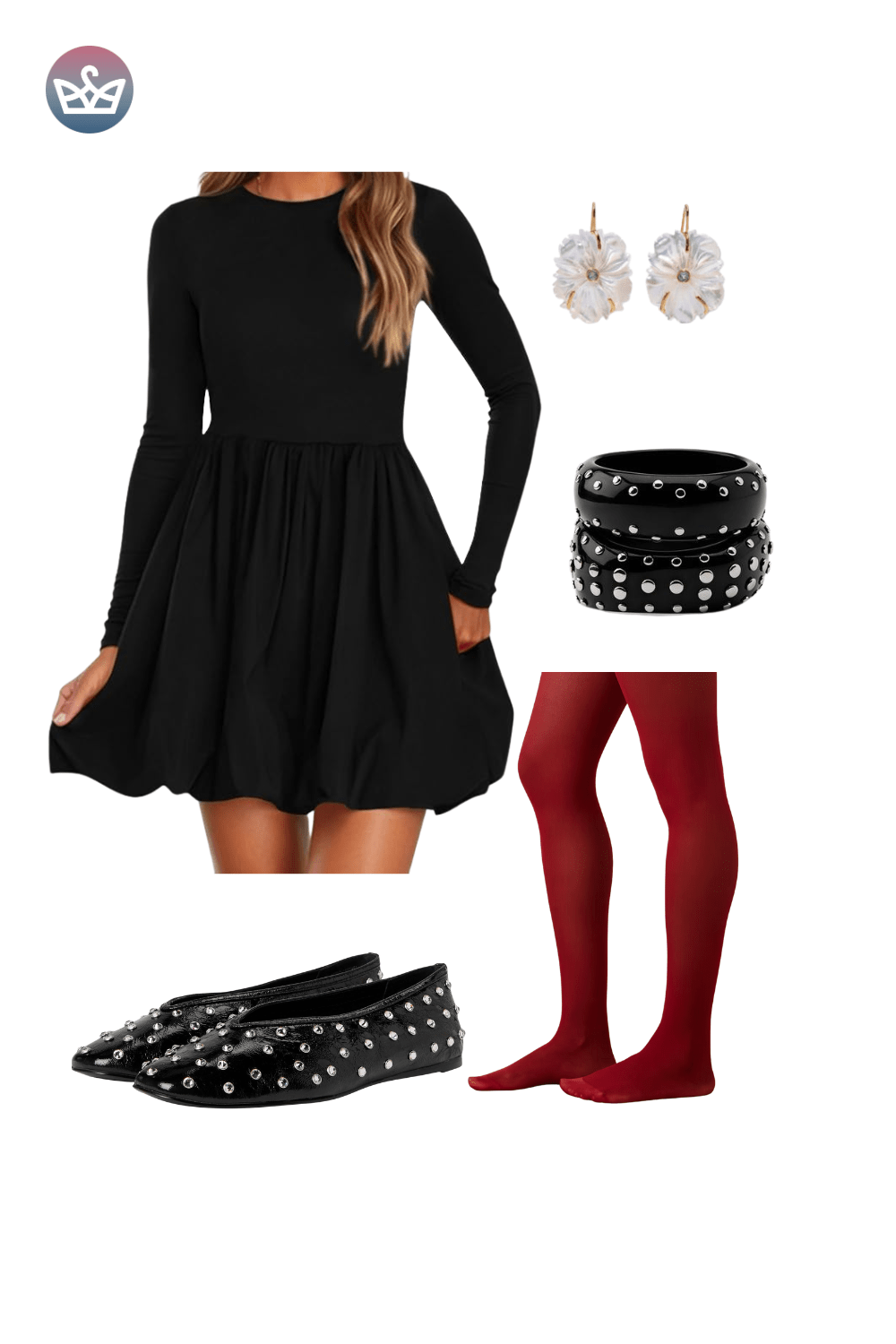 Black long-sleeve mini dress with flounce skirt, styled with maroon over-the-knee socks, studded black flats, and a wide studded cuff bracelet.