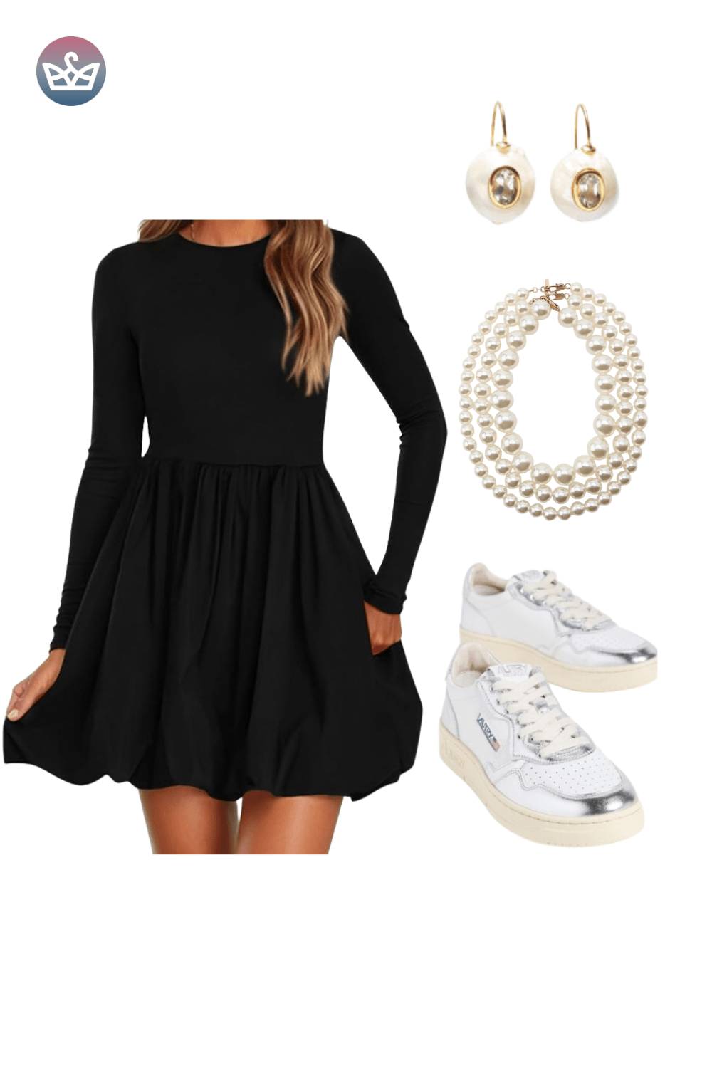 Black long-sleeve mini dress with flounce skirt, styled with a layered pearl necklace, pearl earrings, and white platform sneakers.