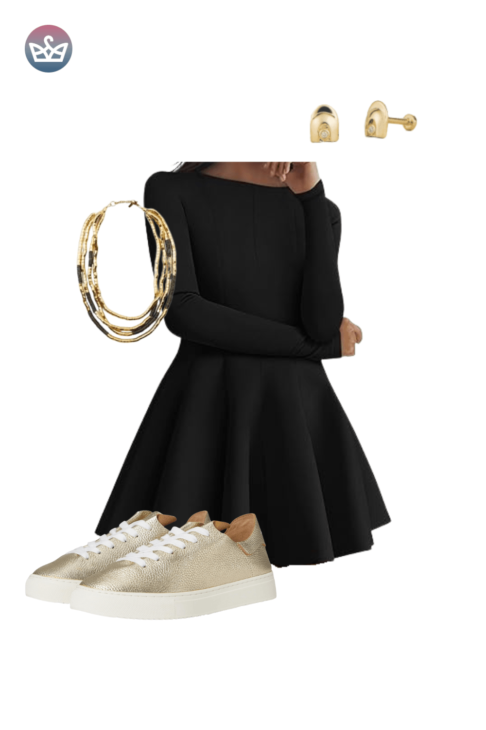Black long-sleeve mini dress with flounce skirt, styled with a chunky gold hoop necklace, gold rings, and metallic gold sneakers.