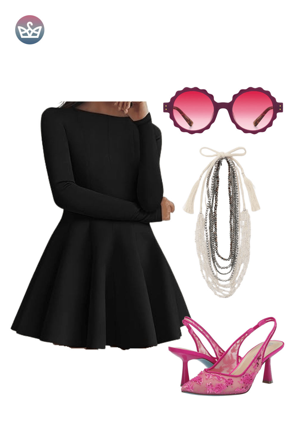 Black long-sleeve mini dress with flounce skirt, styled with layered white beaded necklaces, pink heart-shaped sunglasses, and hot pink heels.