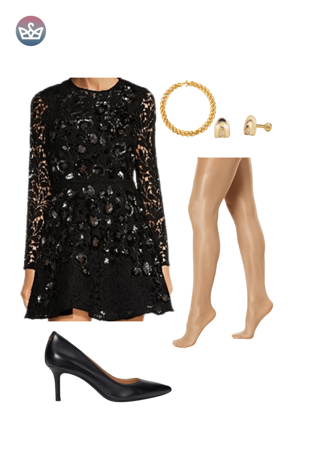 Black long-sleeve patterned mini dress, styled with sheer tights and black high-heel pumps, a dressy holiday outfit idea.