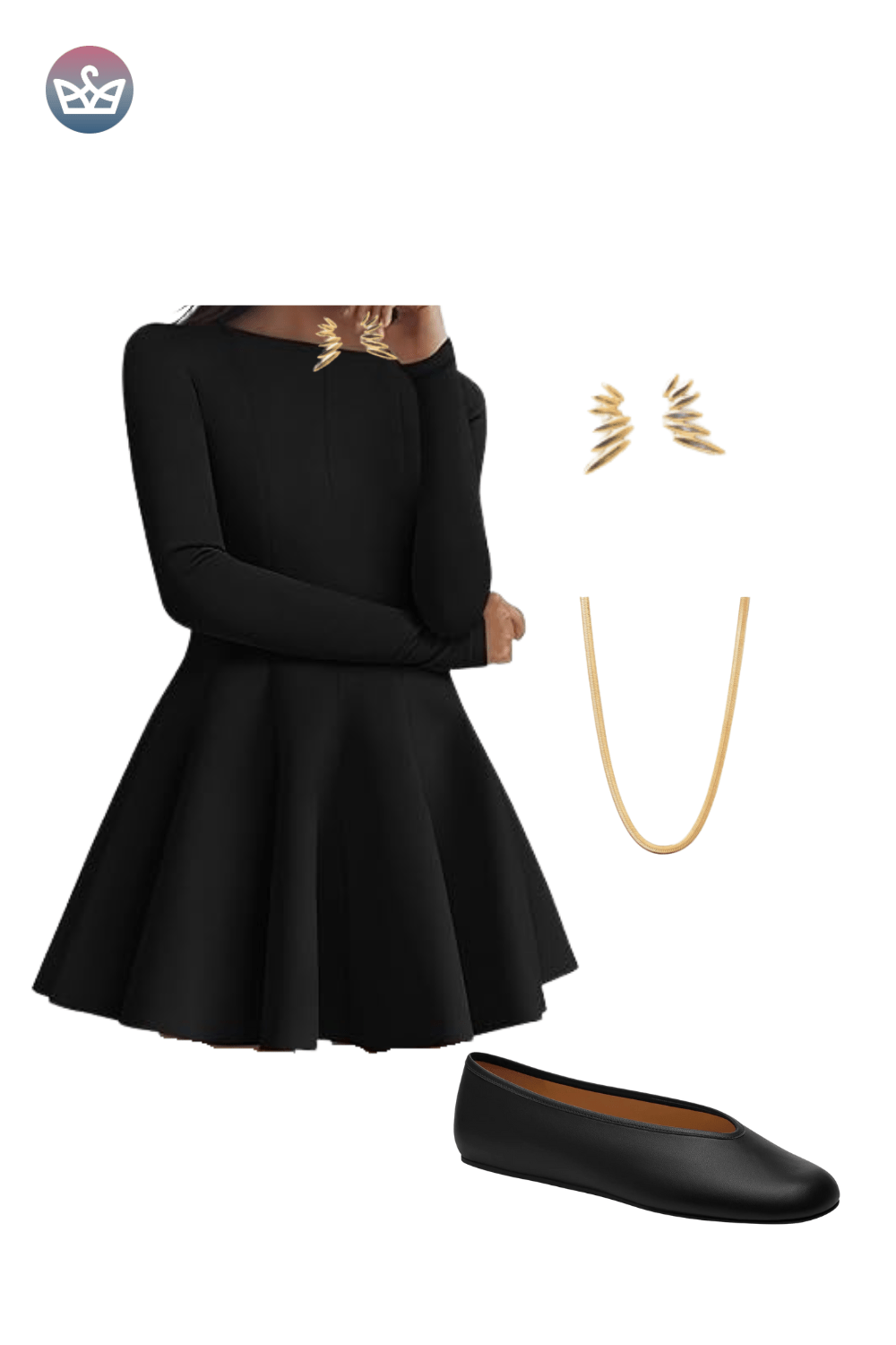 Black long-sleeve mini dress with flounce skirt, styled with delicate gold jewelry and simple black flats.