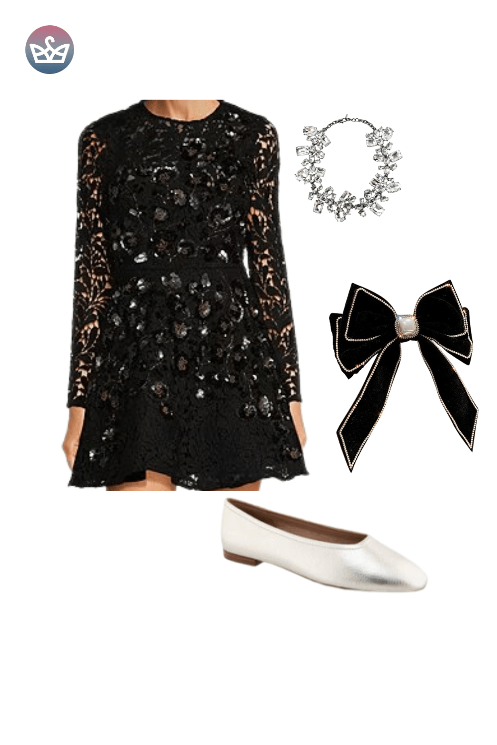 Black long-sleeve patterned mini dress, styled with black bow necktie, white ballet flats, and a chunky silver bracelet.