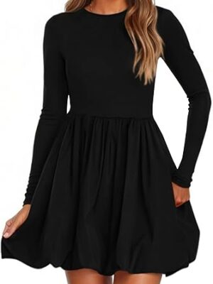 PRETTYGARDEN Casual Long Sleeve Bubble Cute Crew Neck A Line Mini Short Dress with Pockets
