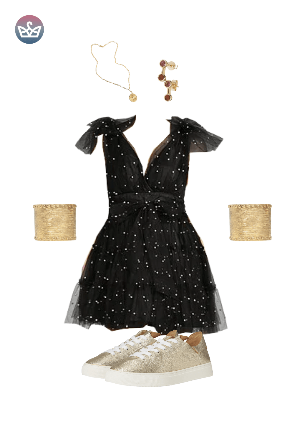 Black V-neck sequin mini dress, styled with gold chain necklaces, chunky gold earrings, and gold metallic sneakers.