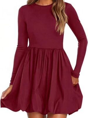 PRETTYGARDEN Fall Bubble Mini Dress - Wine Red