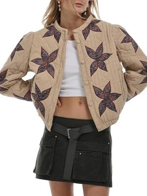 Lace Satin Maxi Skirt paired with Turtleneck Long Sleeve Sweater over this Lightweight Floral Embroidered Cropped Quilted Jacket