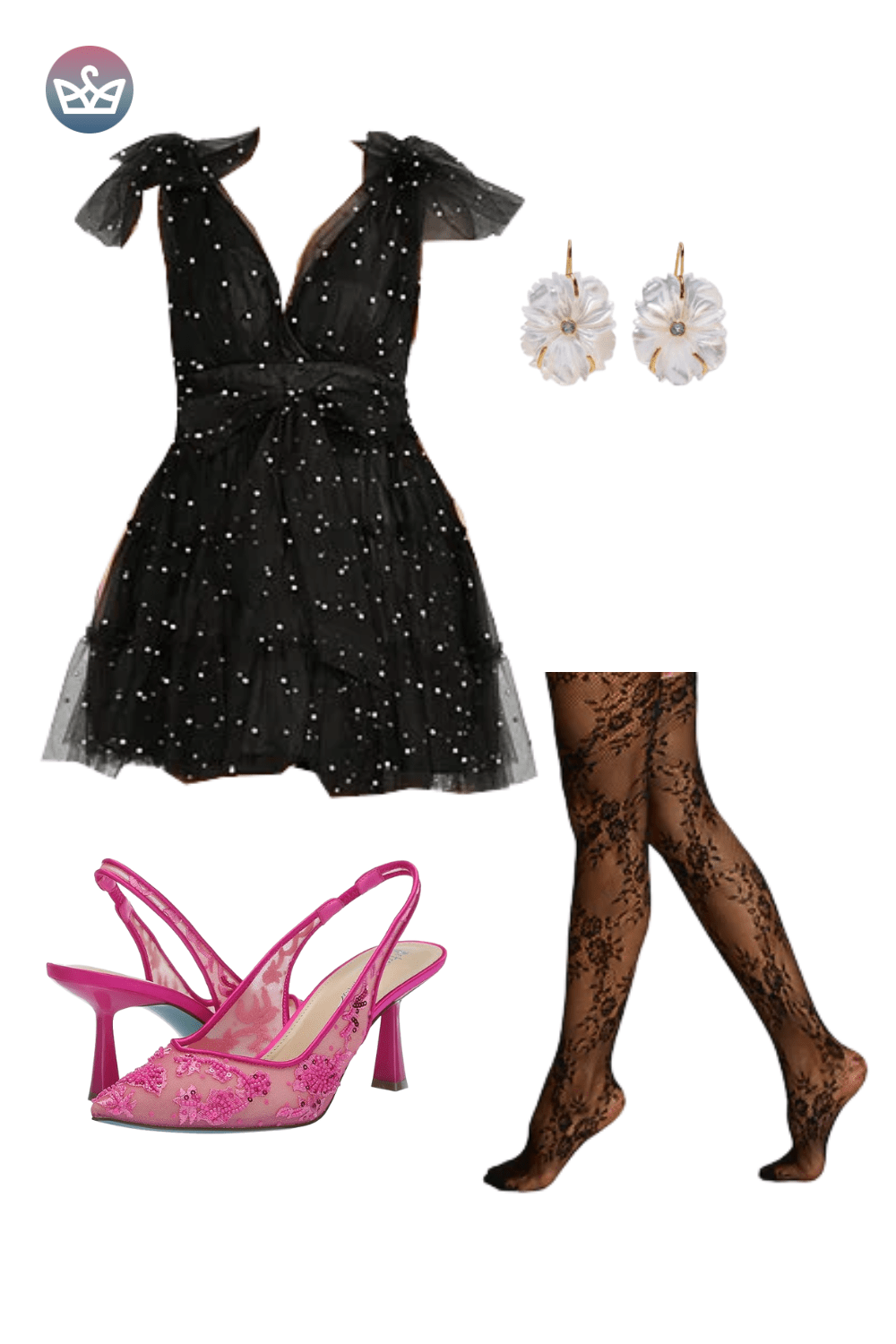 Black V-neck sequin mini dress, styled with sheer tights, hot pink strappy heels, a matching pink bag, and large hoop earrings.