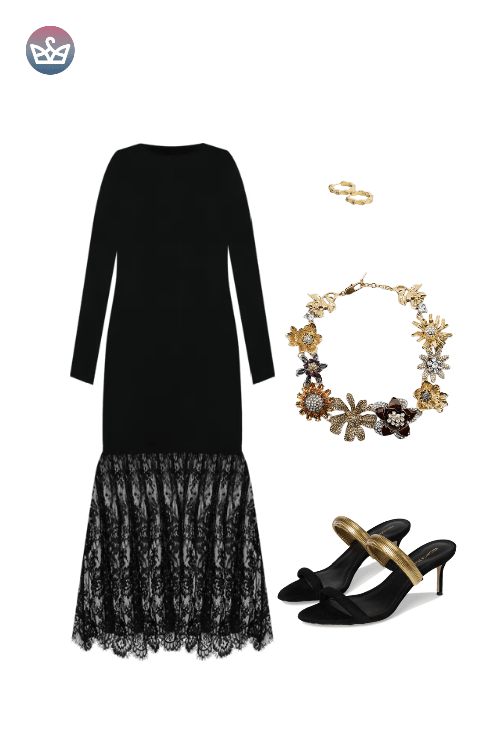 Black long-sleeve maxi dress with sheer lace hem, styled with a gold floral necklace and black heeled mules.