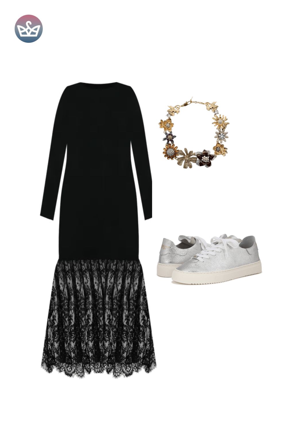 Black long-sleeve maxi dress with sheer lace hem, styled with a beaded choker necklace and white sneakers.