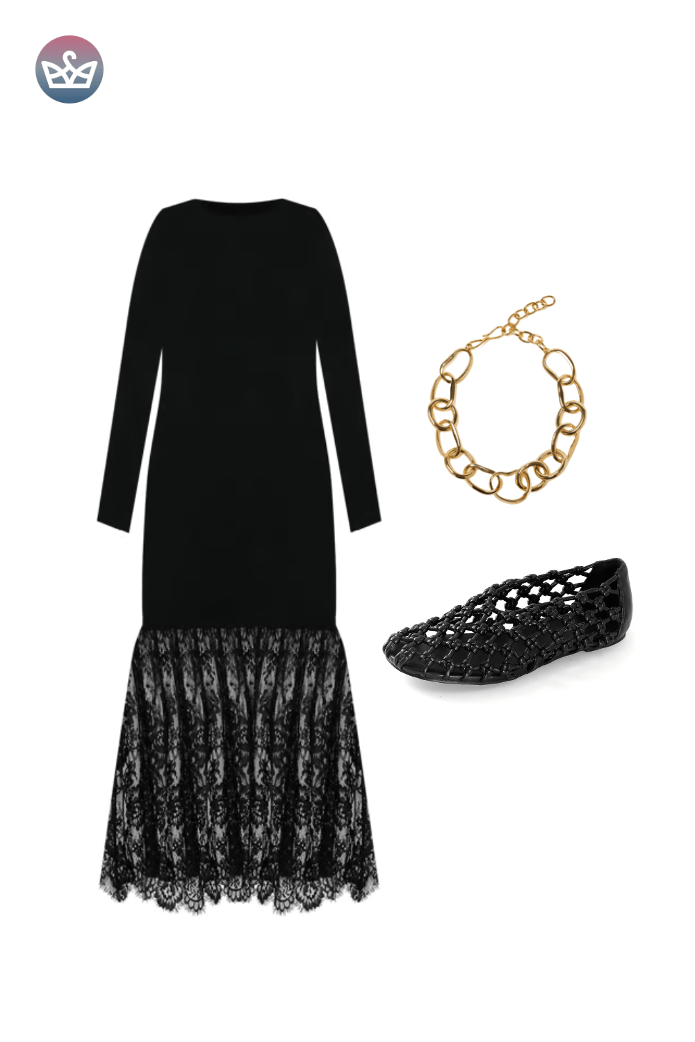 Black long-sleeve maxi dress with sheer lace hem, styled with a chunky gold bracelet and black laser-cut flats.