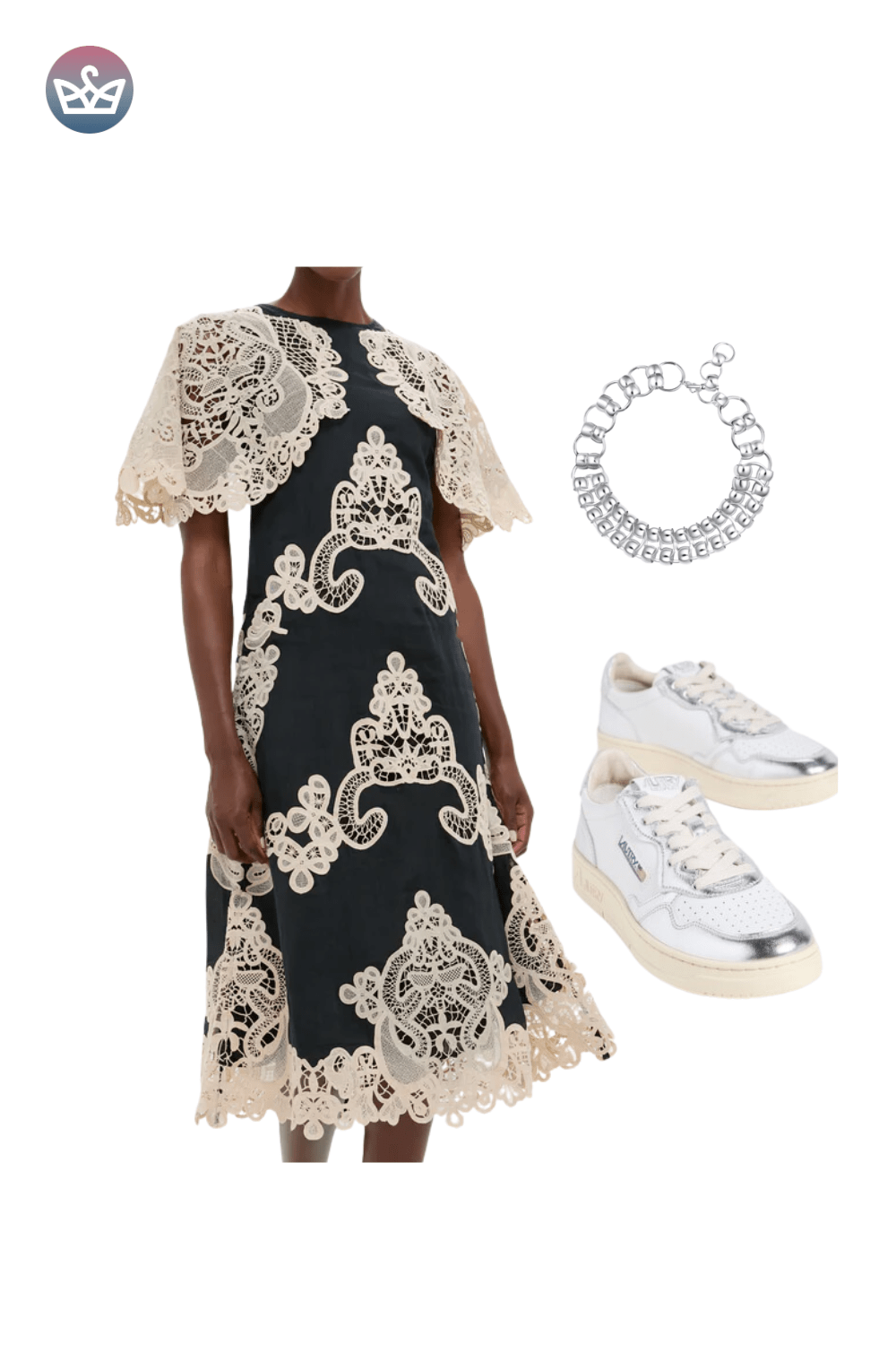 Black and cream lace maxi dress with a sheer cape overlay, styled with a silver choker and white sneakers.