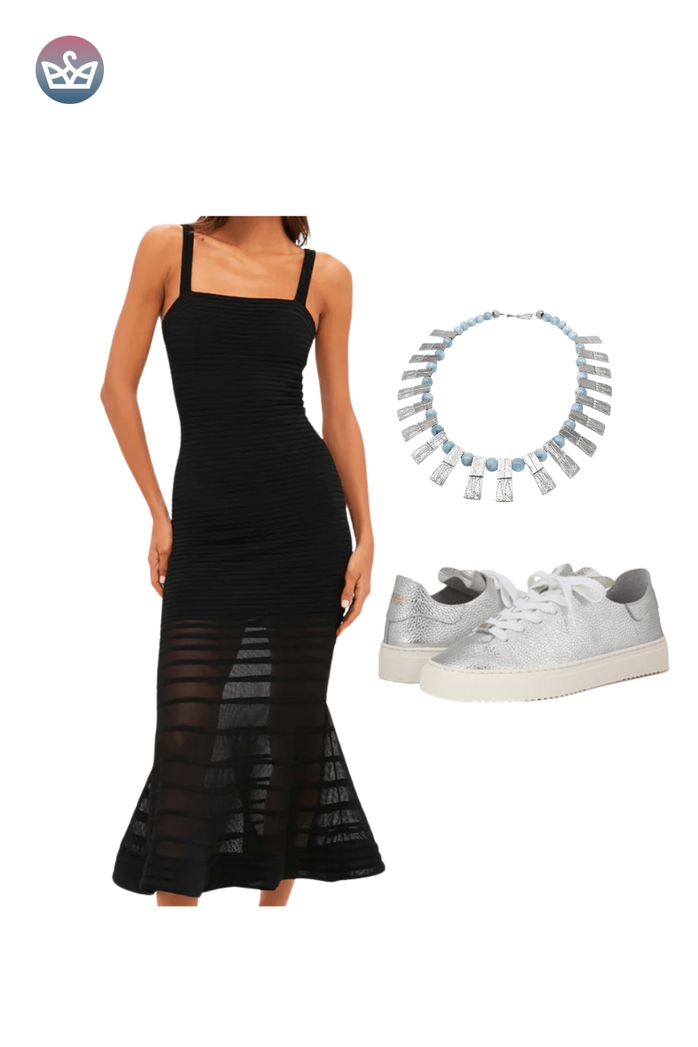 Black tiered maxi dress, styled with a chunky silver necklace and bracelets, and white sneakers.