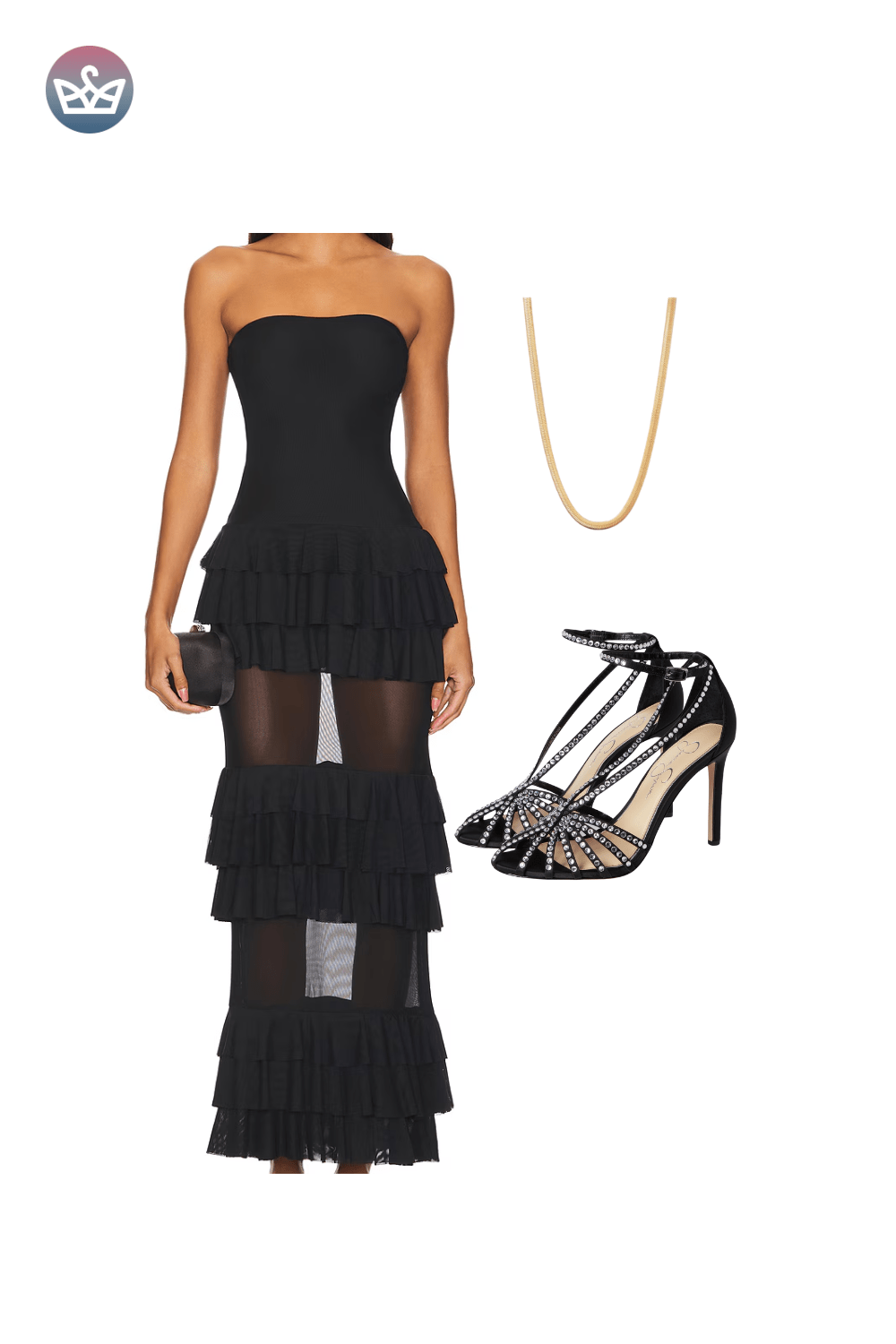 Black strapless tiered maxi dress, styled with a delicate gold necklace and black strappy high heels.