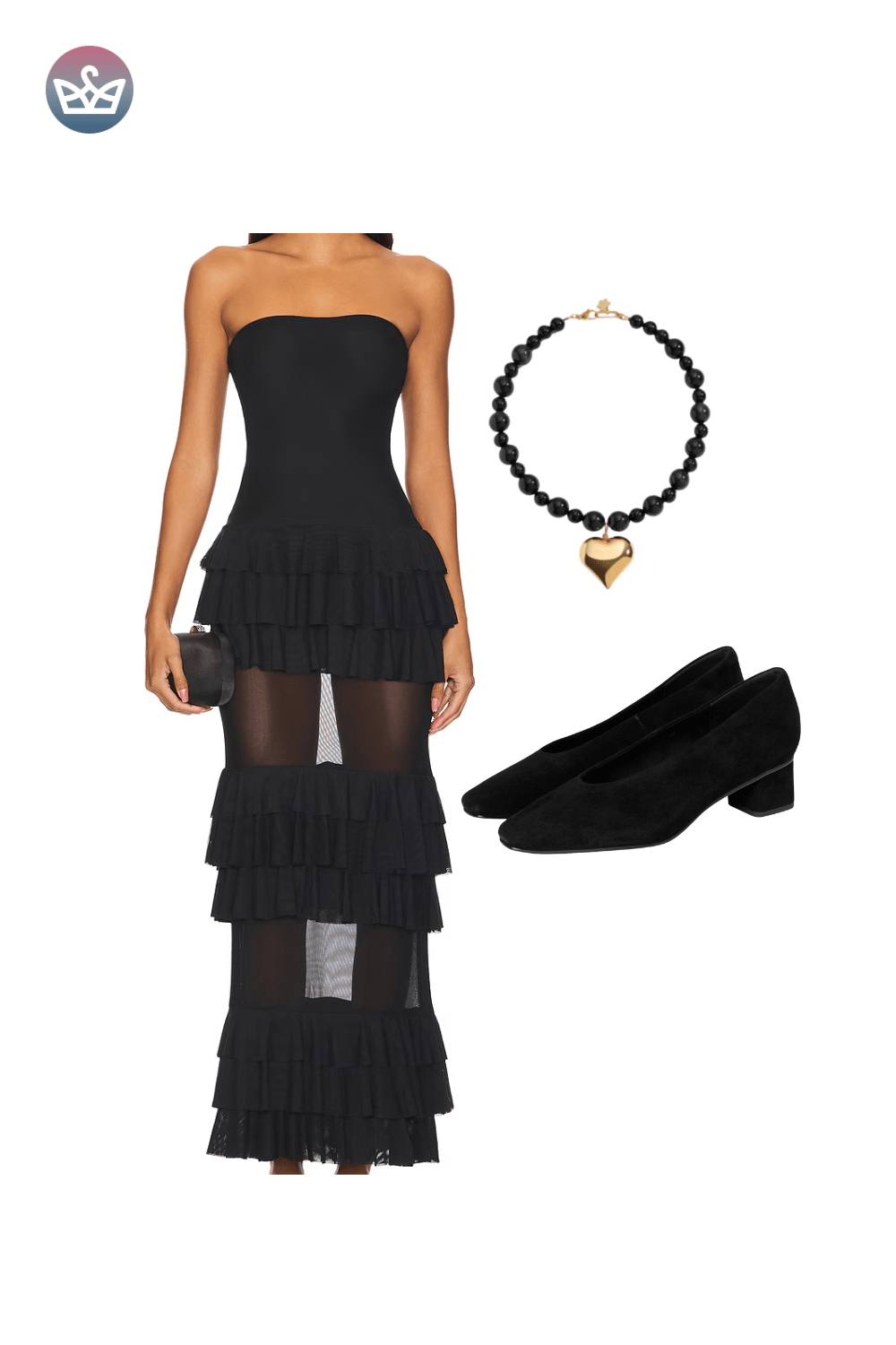 Black strapless tiered maxi dress, styled with a thick black beaded choker, gold pendant, and black pointed flats.