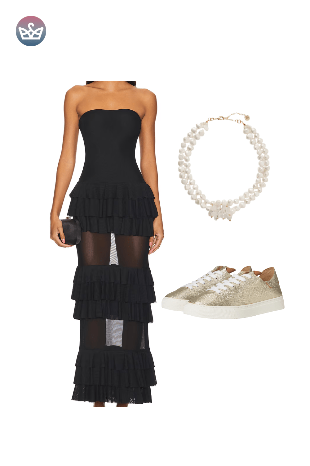 Black strapless tiered maxi dress, styled with a pearl necklace and white sneakers.
