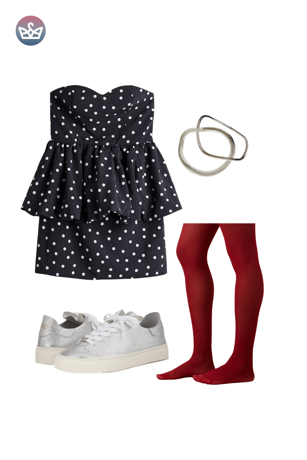 Navy polka dot mini dress with ruffle sleeves, styled with red knee socks and white sneakers.