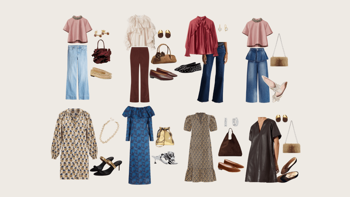 Thanksgiving Outfits: cream ruffle blouse skimming the waist with trouser jeans, vegan-suede pull-on pants, and a black cashmere turtleneck—structured, floaty layers that flatter after dinner with wide-leg denim ease.