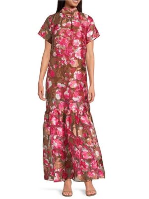 Sugarlips Mersin Sheer Floral Jacquard Organza Mock Neck Short Sleeves Tiered Hem Shift Maxi Dress