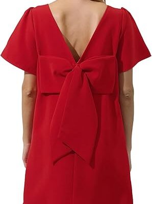 Kedera Women's Casual Mini Bow Crew Neck Short Sleeves Loose Dresses Swing Solid Shift Dress with Pockets