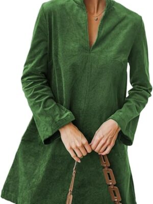 Women Corduroy Dress V Neck Long Sleeve Casual Vintage Retro A Line Mini Dresses