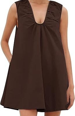 Sleeveless Babydoll Dress Summer U Neck Ruched Party Mini Tank Dresses with Pockets