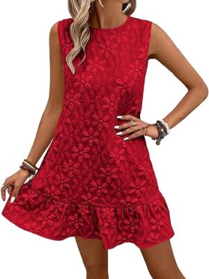 Women's Ruffle Hem Jacquard Dress Casual Sleeveless Tank Floral Mini Dress