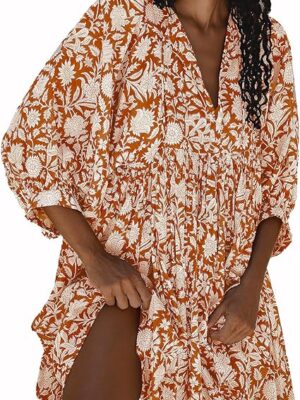 Floral Babydoll Balloon Sleeve Half Open Tether Flowy Short Beach Dress