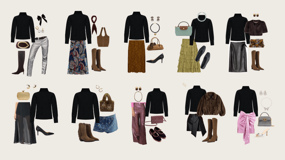 Options to use a cozy hangout staple for simple party outfits shop your closet first I mean it Pull out every skirt every interesting pant every piece that makes you feel something Think metallic jeans iridescent pants and skirts Try them with your mvp that you probably already own a black turtleneck Yes that one