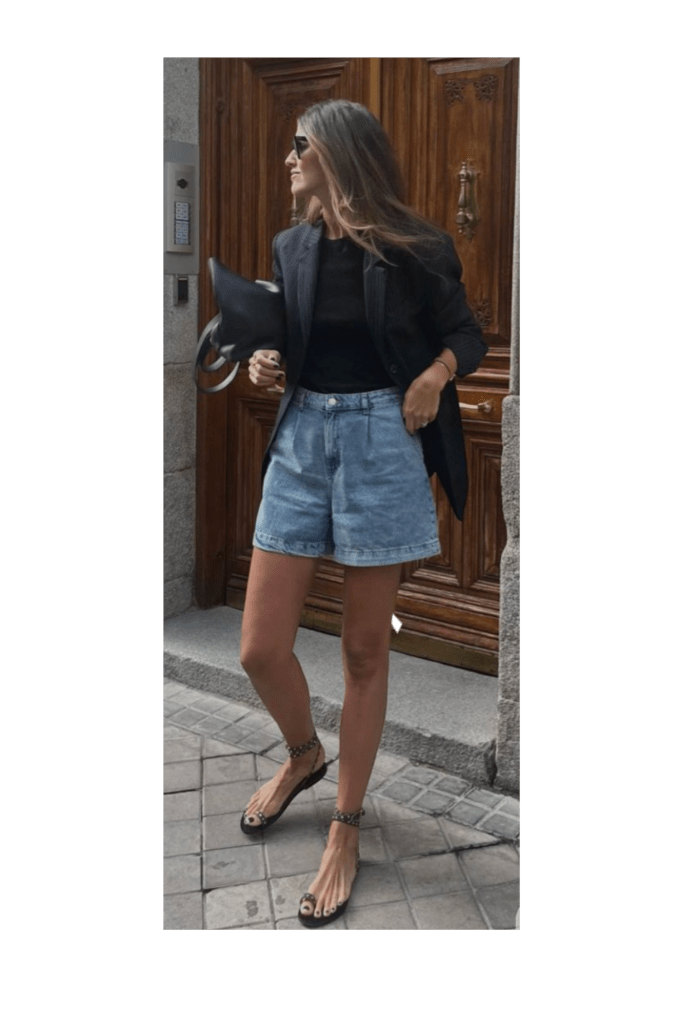 Jean shorts outfits for a european city vacation how to look put together without overpacking 3 adjust my crown Yes you can look put together in jorts I have to be upfront about my angle in all of life i love denim Always Which means i naturally love denim shorts as well So when im in paris and see women in them bells go off in my head and i want to prove you