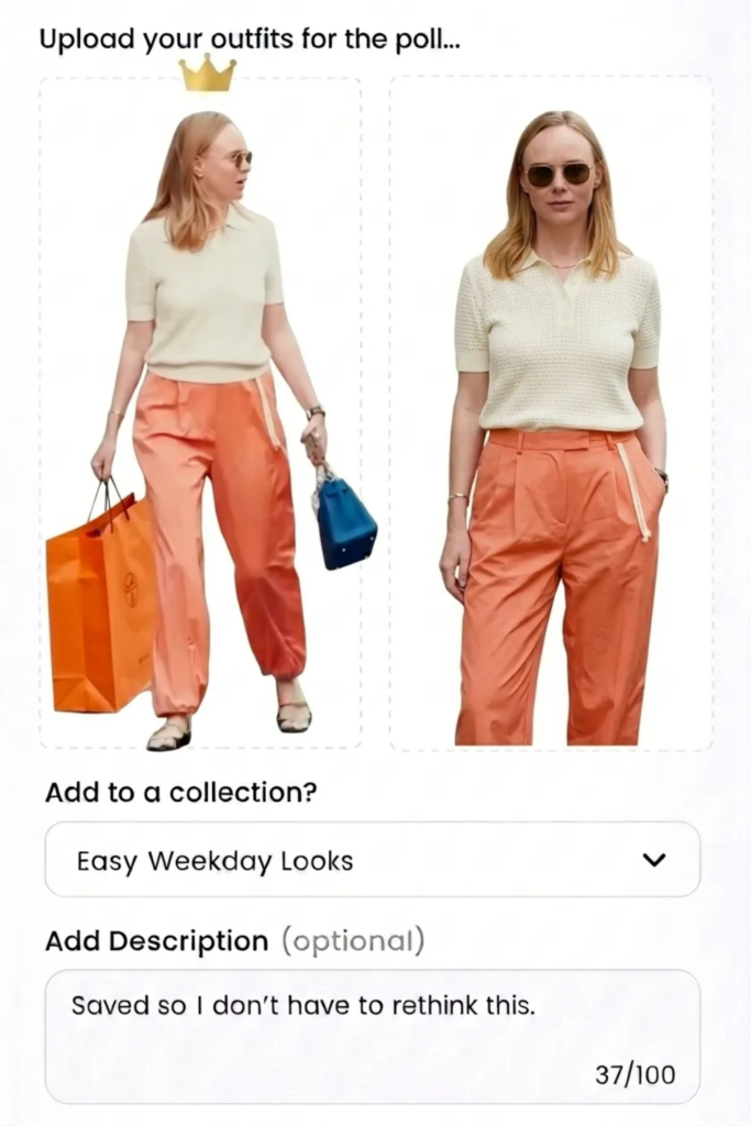 Two outfits shown side by side left image of a woman in peach pants and cream top carrying orange shopping bags and a blue purse crown above right image of the same outfit with hands in pockets and sunglasses