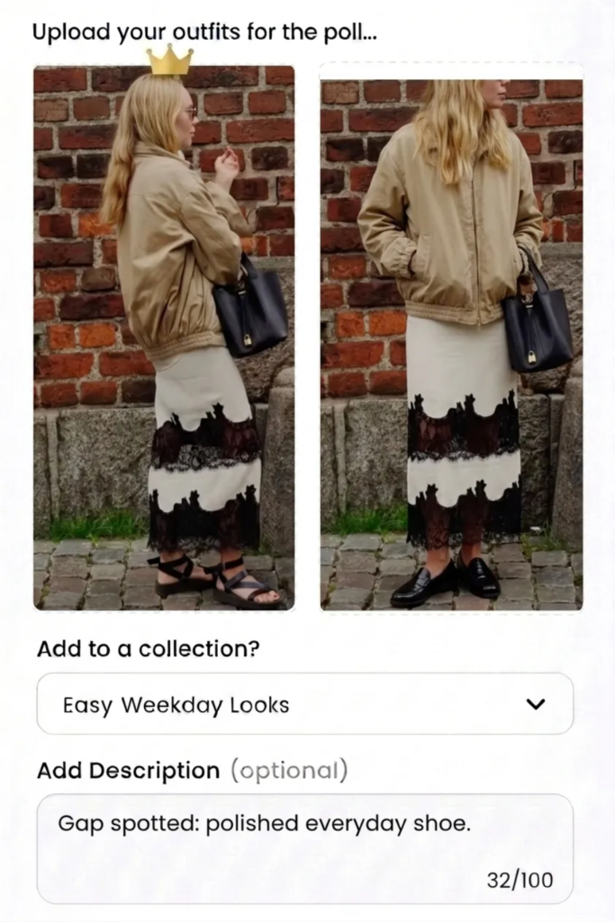Two side by side outfit photos a woman in a beige bomber jacket white dress with black lace hem and a black bag posed against a brick wall left has a crown icon