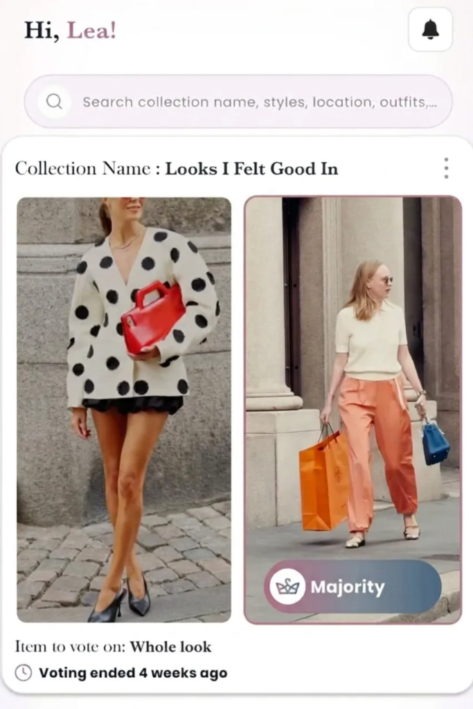Two fashion looks side by side left outfit a white polka dot sweater with black shorts and a red handbag right outfit a cream top with peach pants and orange and blue shopping bags