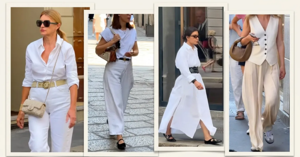 Collage of four women in white outfits on city streets: white shirt with belt and small handbag, white top with wide-leg pants and handbag, white shirt-dress with black belt, and white vest with flowing satin trousers and small handbag.