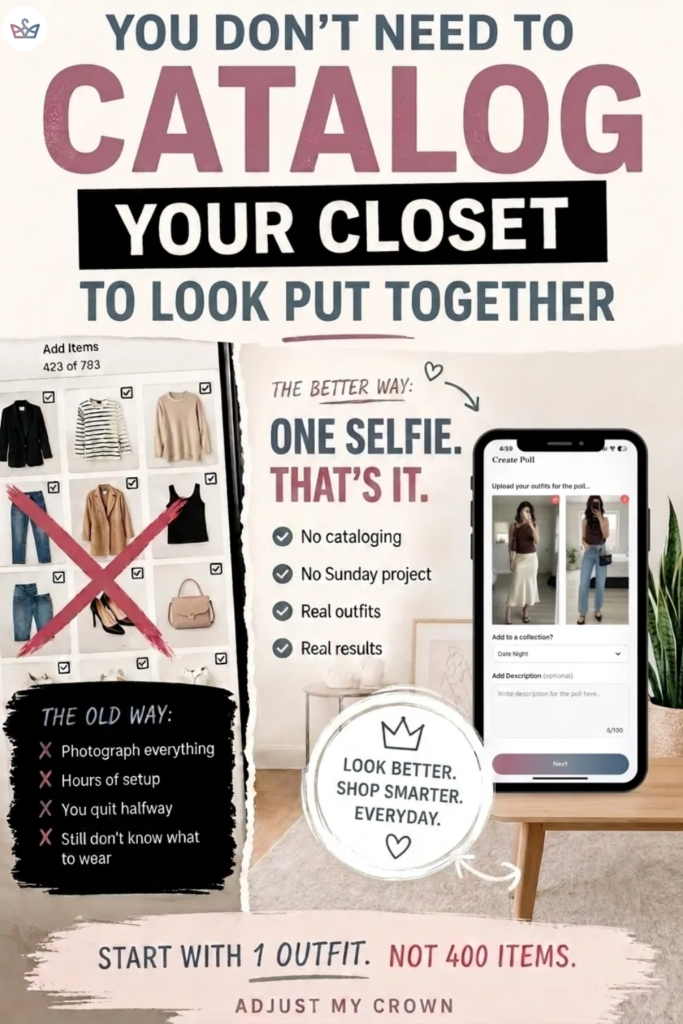 Infographic promoting a simple closet catalog'one selfie, that's it' with a phone mockup and outfit board.